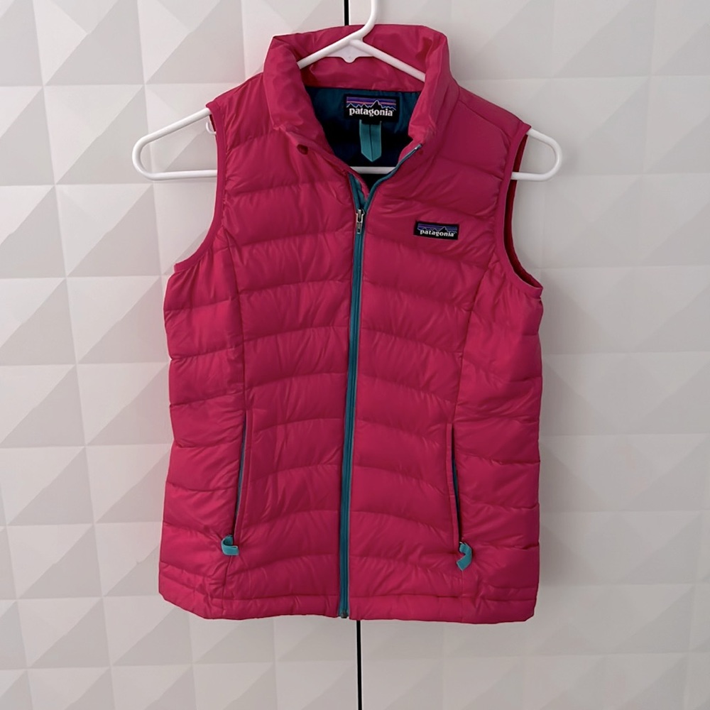 Patagonia Pink Quilted Puffer Vest with Teal Trim - Kids